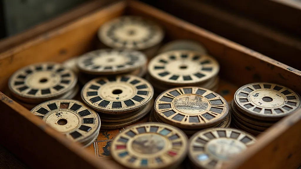 Collection of vintage View-Master reels in a wooden box